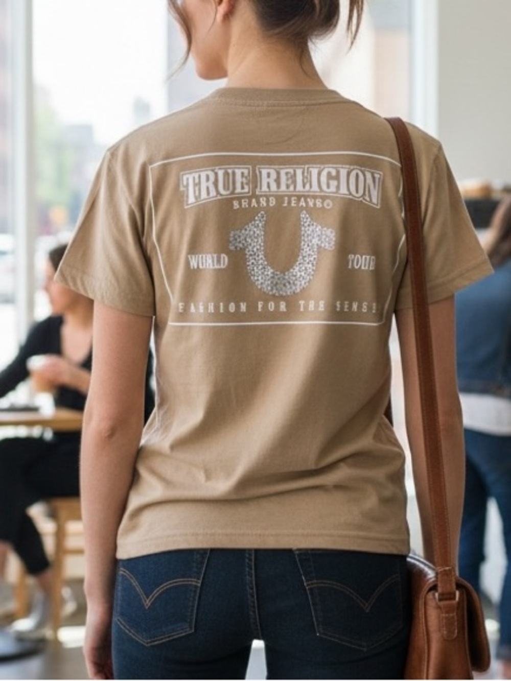 NWT True Religion World Tour Crushed Crystal Graphic T-Shirt Beige S